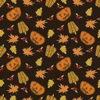 Autumn seamless vector pattern with pumpkins and fall leaves. Hand drawn illustration.