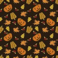 Autumn seamless vector pattern with pumpkins and fall leaves. Hand drawn illustration.