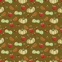 Autumn seamless vector pattern with pumpkins and fall leaves. Hand drawn illustration.