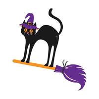 A cat in a witch's hat flies on a broomstick. vector illustration