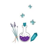 Flask with magic potion next to lavender, crystal and spiders. halloween vector illustration