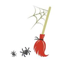 Witch's Broom Sweeps Webs and Spiders. vector illustration