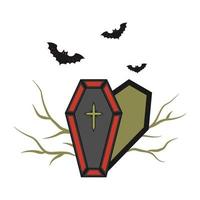 Illustration for Halloween open coffin and bats. vector illustration