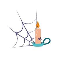 Candle next to the web and spider. vector illustration