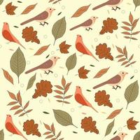 Autumn seamless pattern with different leaves and birds vector