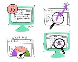 un conjunto de ilustraciones sobre tecnología de la información. desarrollo web, programación java script, pruebas de sitios web, rendimiento de sitios web y SEO vector