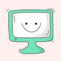 Hand drawn illustration of a computer with a smile in the style of 90's 80's on a checkered background vector