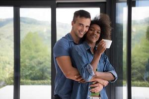 romantic happy young couple relax at modern home indoors photo