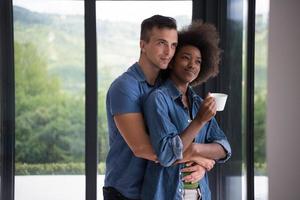 romantic happy young couple relax at modern home indoors photo