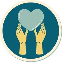 sticker of tattoo in traditional style of hands reaching for a heart vector