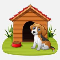 Cute dog sitting in front of kennel