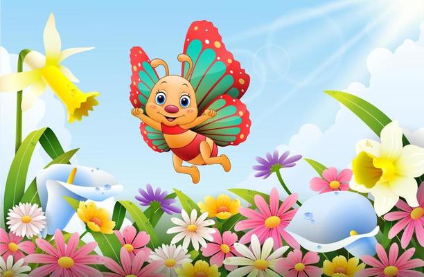 Cute butterfly flying over flower field