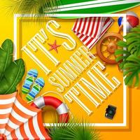 It's summer time banner and tropical leaves with frame on orange background vector