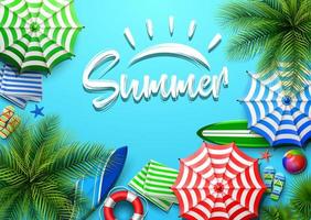 hola banner de vacaciones de verano. vista superior de hojas tropicales y colecciones de elementos de playa sobre fondo de arena vector