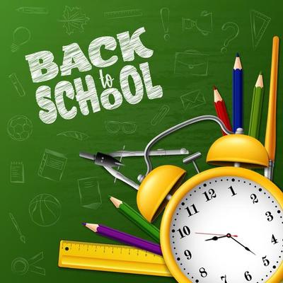 Back to School with school supplies on chalkboard background