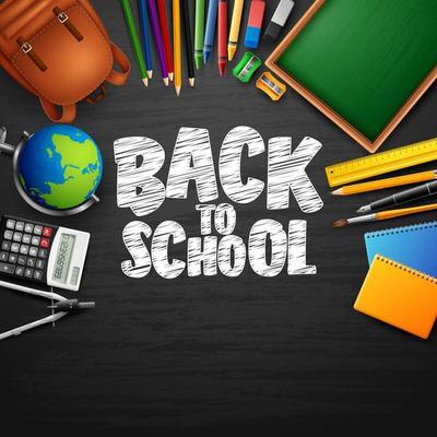 Back to School with school supplies on chalkboard background