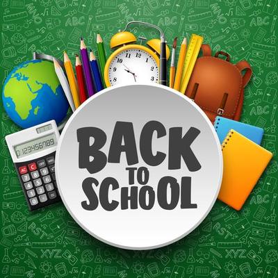 Back to School with school supplies on chalkboard background