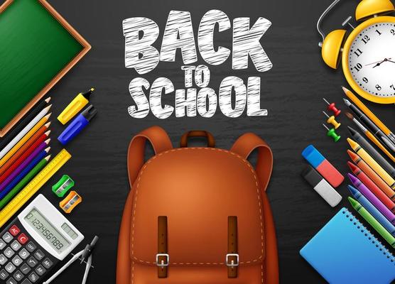 Back to School with school supplies on chalkboard background