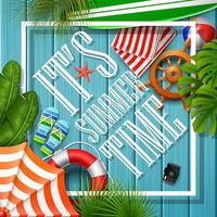 It's summer time banner and tropical leaves with frame on wooden background vector