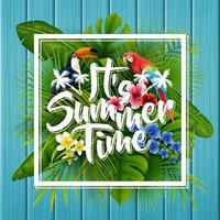 It's summer time typography in frame wooden background with tropical plants, flowers, palm leaves and parrot vector