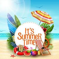 It's summer time banner design with white circle for text and beach elements in sand beach background vector