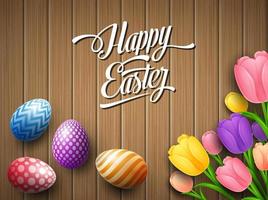 Happy Easter colorful egg with tulips flower beautifully above wooden brown background vector