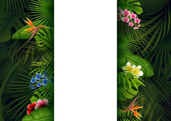 Green summer with tropical leaves and flowers