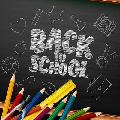 Back to School with school supplies on chalkboard background