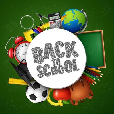 Back to School with school supplies on chalkboard background