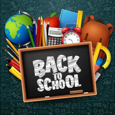Back to School with school supplies on chalkboard background