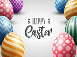 Easter greeting card with realistic decorated eggs on white background vector