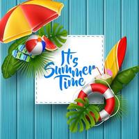 It's summer time banner design with white square for text and beach elements on wood background