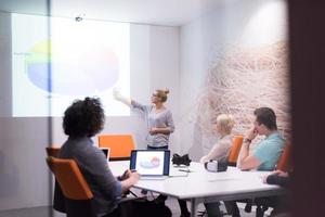 Startup Business Team At A Meeting at modern night office building photo