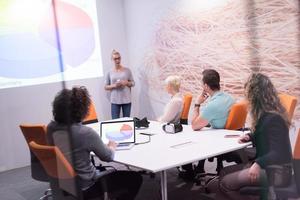 Startup Business Team At A Meeting at modern night office building photo