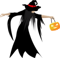 Wicked witch wears black dress and hat with orange belt and holds in her hand a luminous lantern in the shape of a pumpkin png