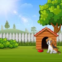 Cute dog sitting in front of a kennel in a garden