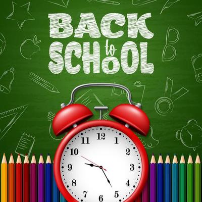 Back to School with school supplies on chalkboard background
