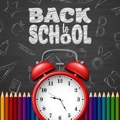 Back to School with school supplies on chalkboard background