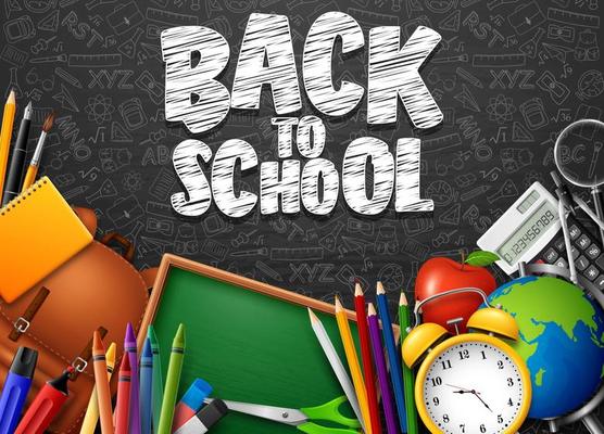 Back to School with school supplies on chalkboard background