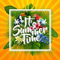 It's summer time typography. striped background with tropical plants, flowers, palm leaves and parrot vector