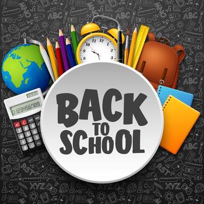 Back to School with school supplies on chalkboard background