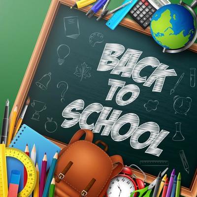 Back to School with school supplies on chalkboard background