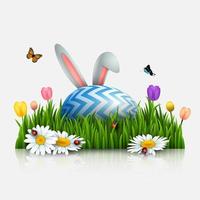 Easter greeting card with bunny ears and egg in the grass on white background vector