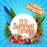 It's summer time banner design with white circle for text and beach elements vector