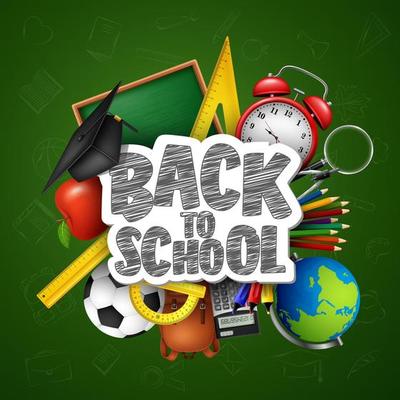 Back to School with school supplies on chalkboard background