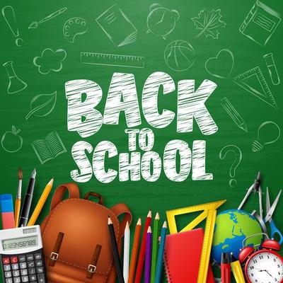 Back to School with school supplies on chalkboard background