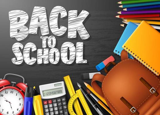 Back to School with school supplies on chalkboard background
