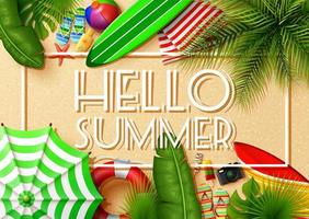 Hello summer time holiday banner. Top view of tropical leaves and beach element collections on sand background vector