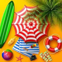 Summer holidays background in the yellow beach sand. Top view of beach element collections vector