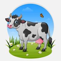 caricatura, vaca marrón, en, verde, pradera vector